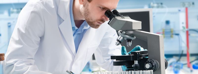 Scientist examines sample through a microscope